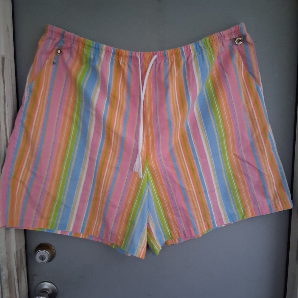 Blair Womens 3XL Multi Color Striped Elastic Waist Drawstring Shorts Pink Blue